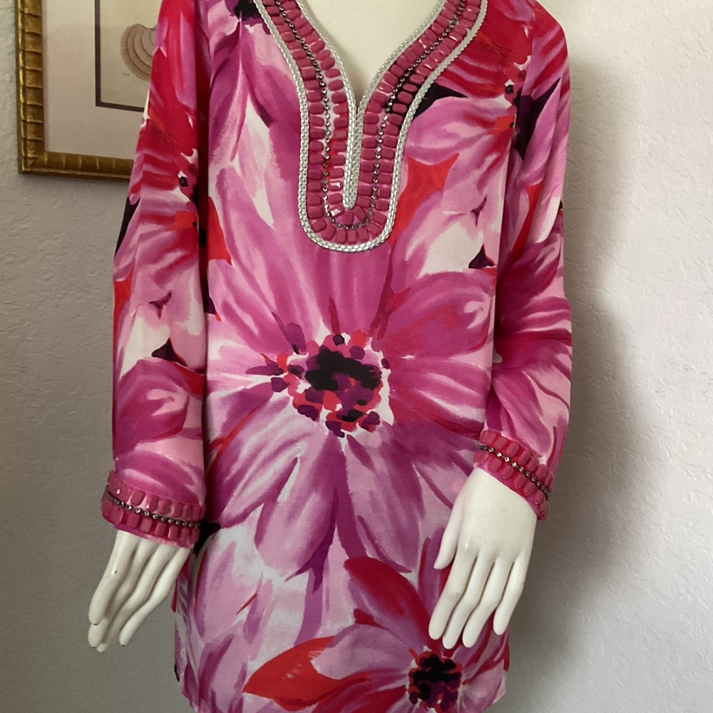 Adrienne Vittadini Pink Floral Tunic Top